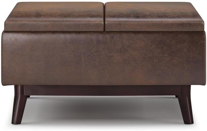 Pemberly Row Mid Century Faux Leather Storage Ottoman with Lift Top, Square Coffee Table for Living Room with Large Storage Space, Distressed Brown Upholstered Footrest with Wood Legs