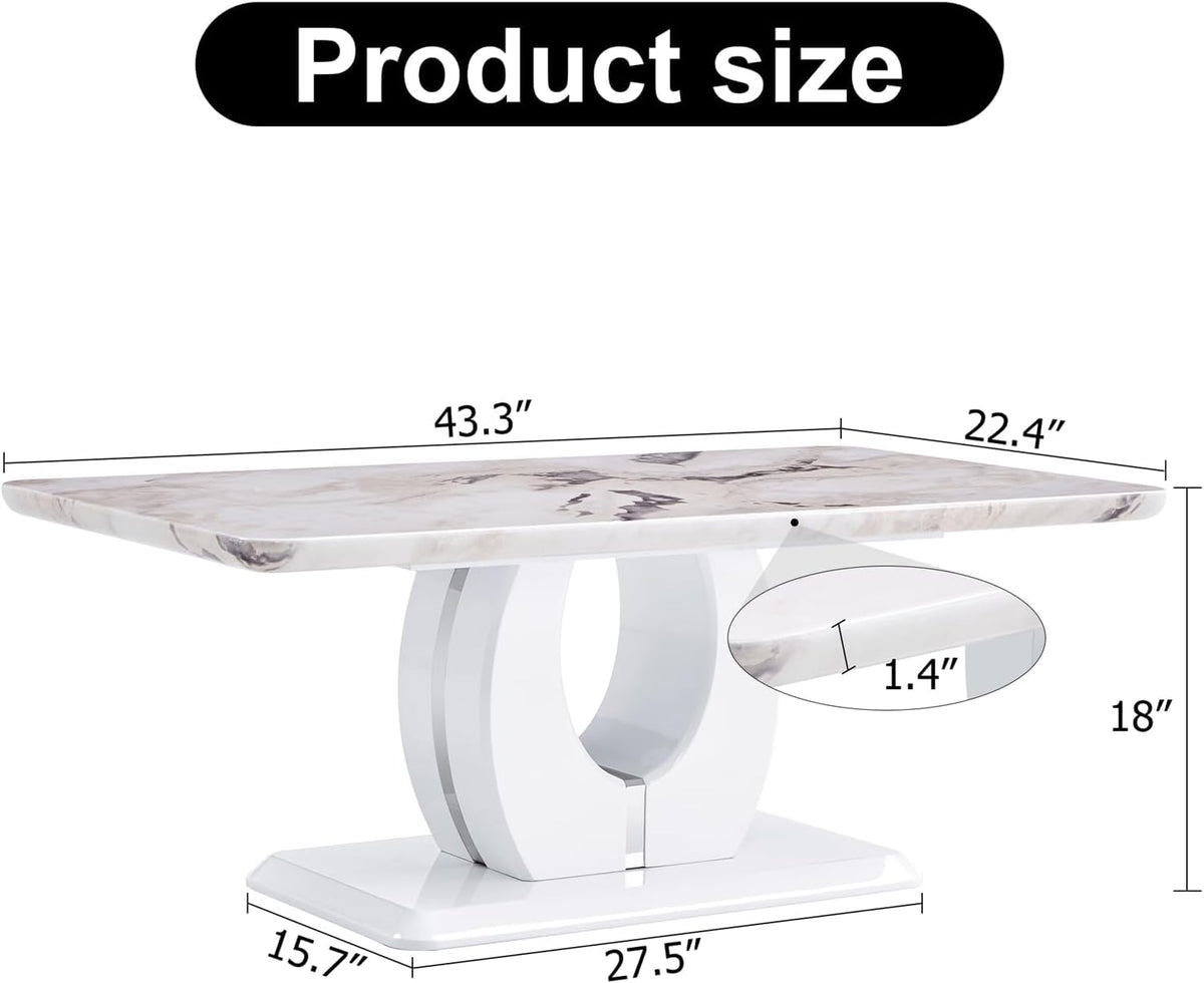 LKTART Rectangle Coffee Table for Living Room, Imitation Marble Coffee Tables with Storage, Modern Stable Base Accent Center Tea Table for Dining Room Small Space Apartment (43.3''L×22.4''H-White)