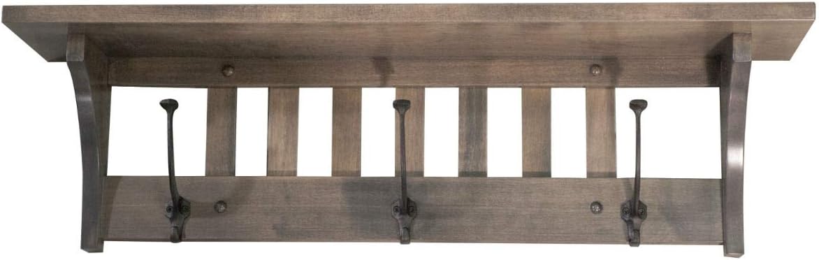 Rustic Red Door Mission Style Coat Rack Wall Mounted with Shelf, Entryway Wooden Hanger with 3 Wrought Iron Hooks for Jacket, Towel or Hat, Farmhouse Decor, 32.5' Brown Maple Wood, Antique Slate Stain