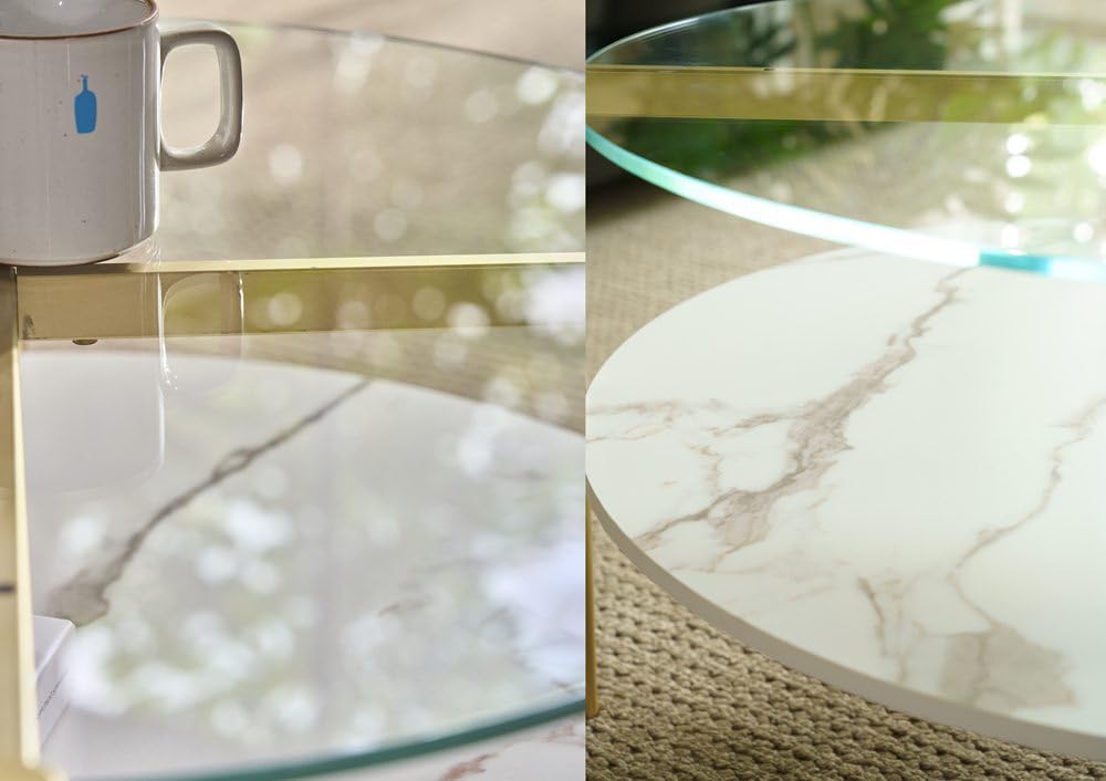 AGV LIGHTING 30' Round Glass Coffee Table,Mid-Century Modern Coffee Table for Living Room, Glod Finish Leg,2-Tier,Tempered Glass Top with White Marble MDF Shelf
