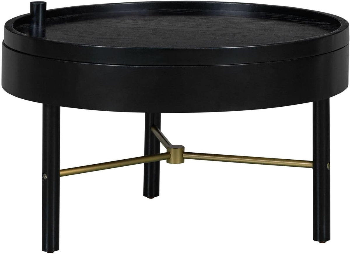 KEVINSPACE 24 Round Wood Coffee Table for Living Room with Storage Space - Rustic Modern Cocktail Table with Rotating Tray, Vintage Farmhouse Black