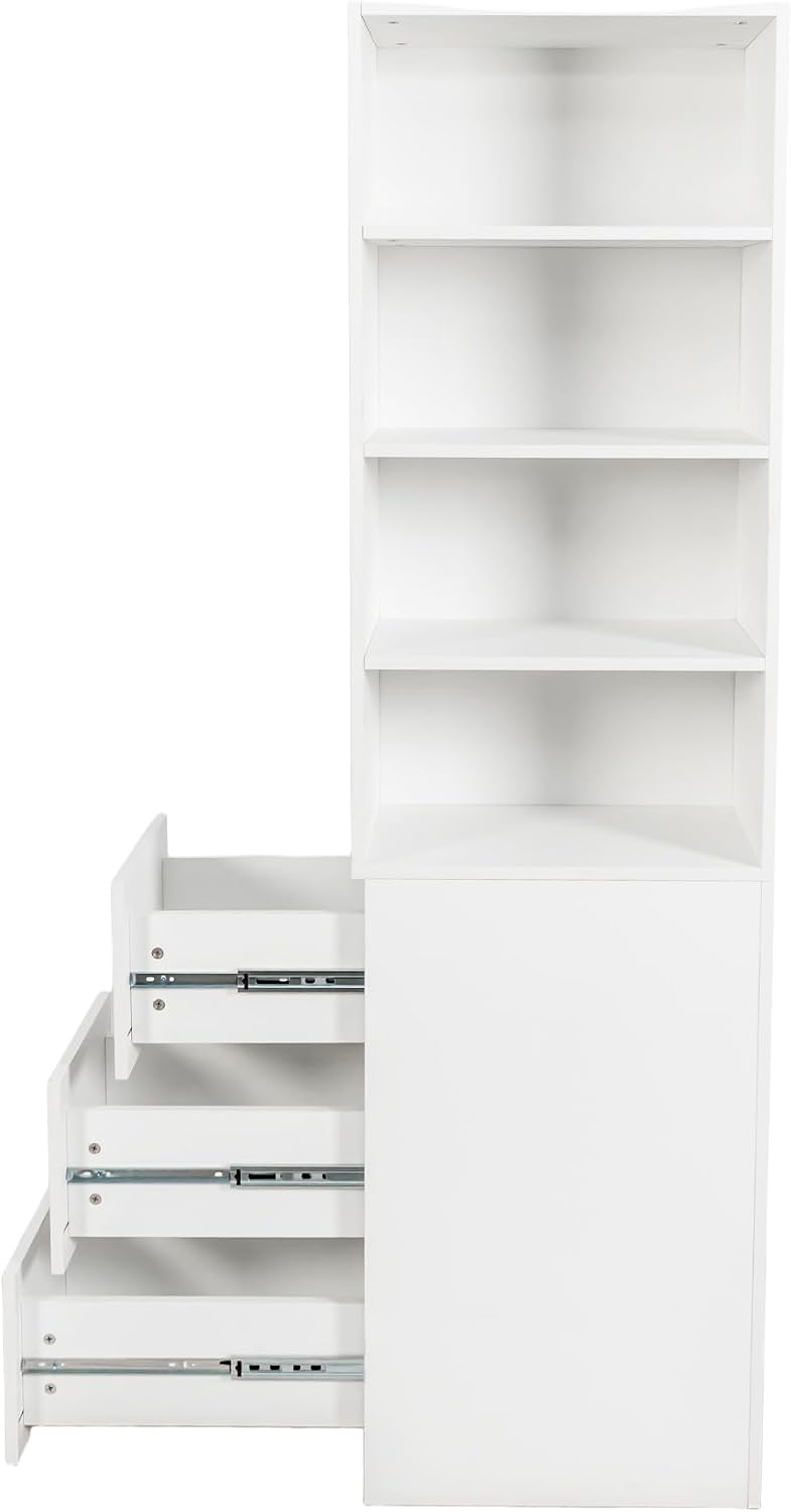 70.87' H Display Storage Cabinet, Narrow Wooden Corner Cabinet with 4-Tier Shelves and 3 Side Drawers, Tall Bookshelf and Bookcase for Living Room Home Office, White