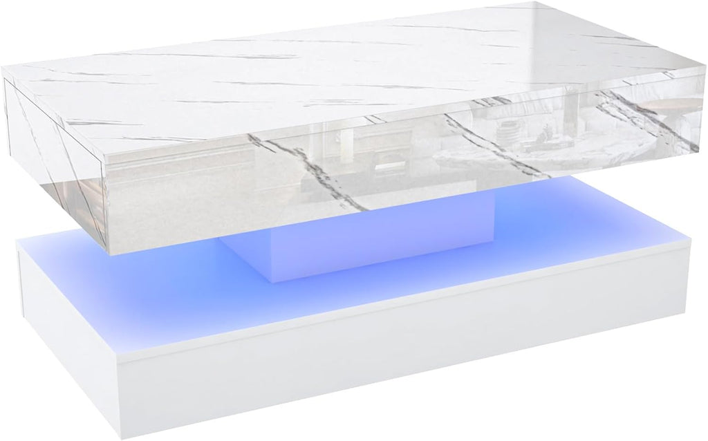 chartustriable 39.4' Large High-Glossy LED Coffee Table with 2 Sliding Drawers, Living Room Storage Coffee Tables with Marbling Print, Modern Stylish Double-Layer Center Tables w/LED Lights, White