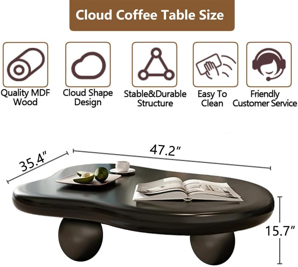 Cloud Coffee Table Modern Cute Coffee Tables Irregular Simple Tea/Center Table for Small Space End Table for Living Room, Home Office, Indoor (Black A Cloud 47.2' Wx35.4 Dx15.7 H)