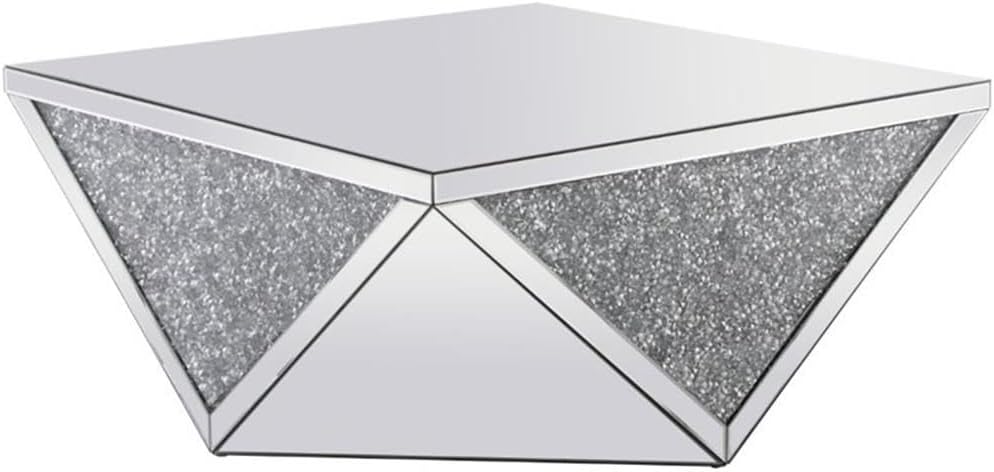 MAKLAINE Modern Square Polygonal Coffee Table, 38 in, Clear Silver Crystal Mirrored Finish, MDF and Glass Construction, Living Room Accent Table, Sleek Design