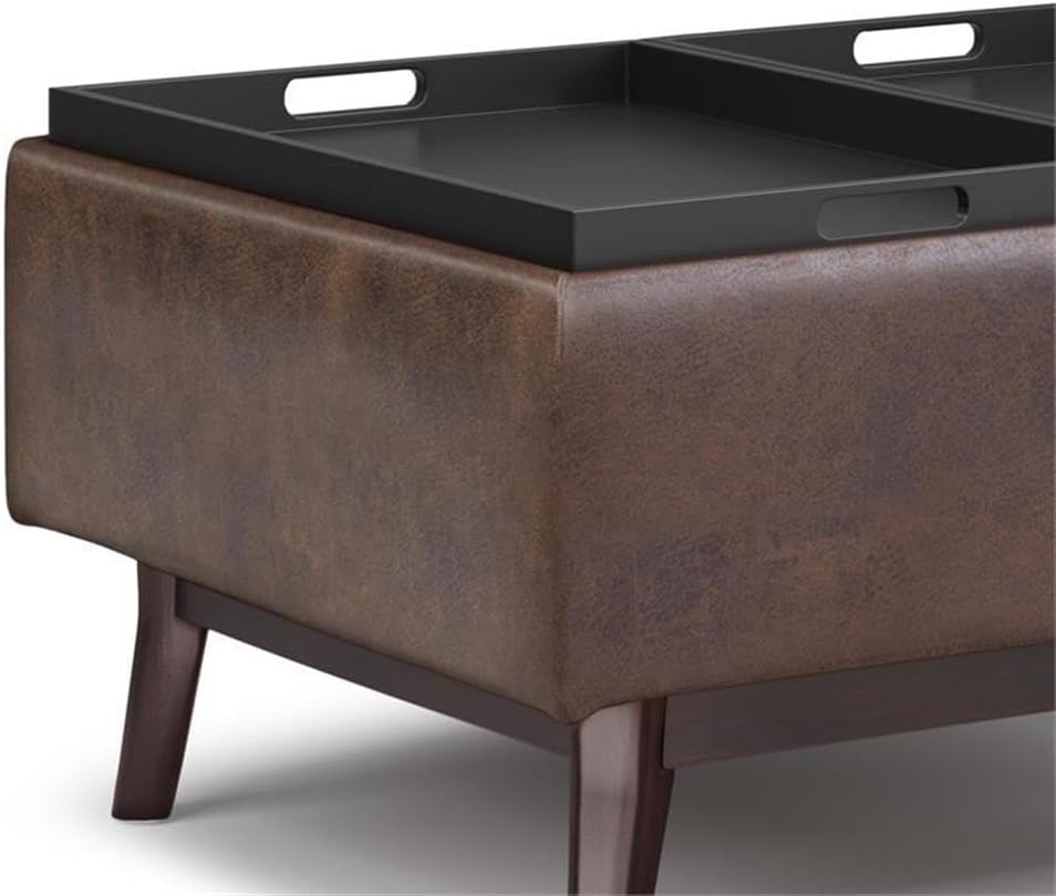 Pemberly Row Mid Century Faux Leather Storage Ottoman with Lift Top, Square Coffee Table for Living Room with Large Storage Space, Distressed Brown Upholstered Footrest with Wood Legs