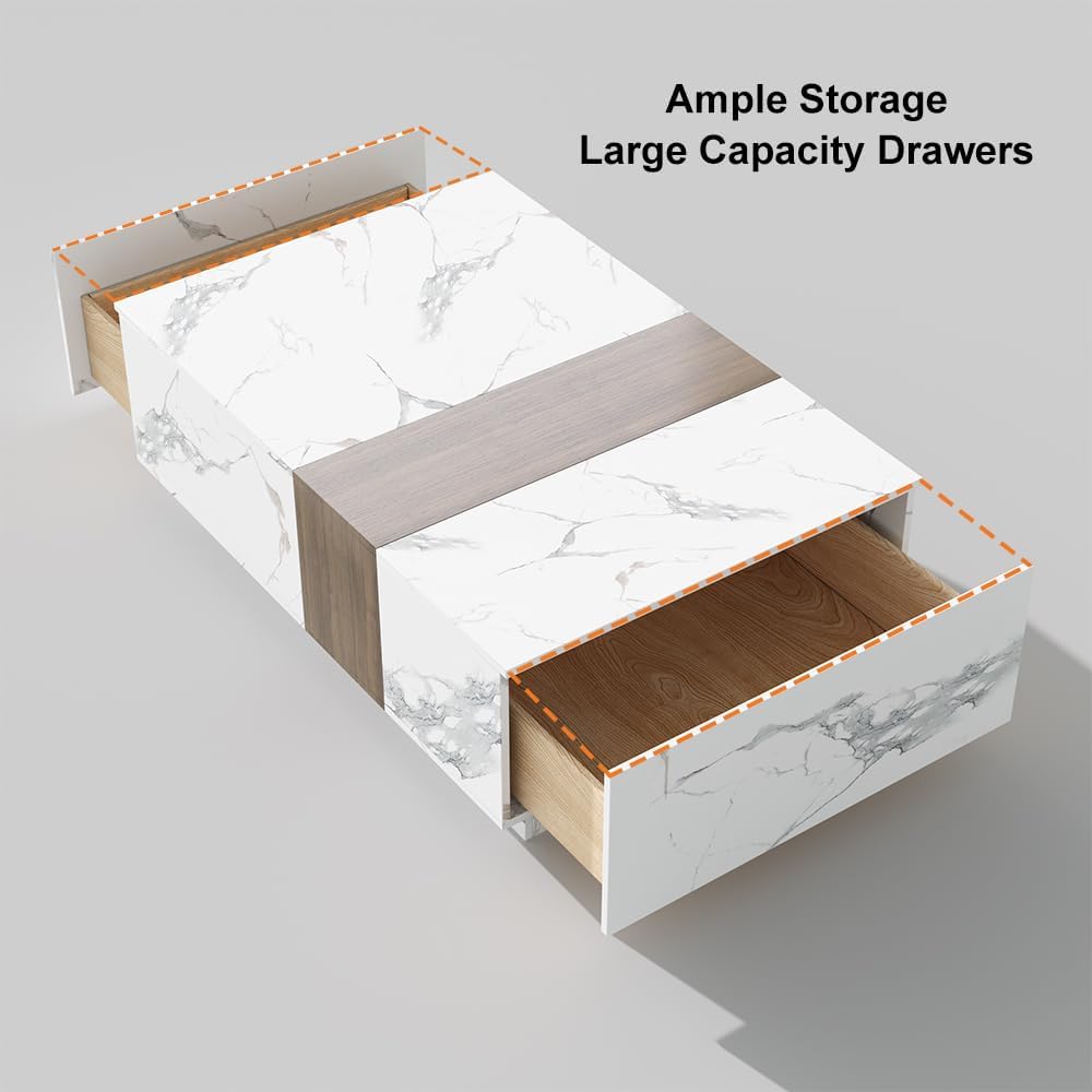 homary Marble & Walnut Coffee Table – Modern Block Design Living Room Center Table with 2 Storage Drawers, White Marble Veneer & Walnut Wood Veneer, Sturdy Base & Smooth Quiet Rails (White)