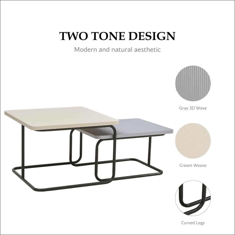 Furniture of America Chaya Modern Square Nesting Coffee Table Set of 2, Two-Tone Wood Design with Sled Base for Living Room, Bedroom, Office, Cream Weave & Grey
