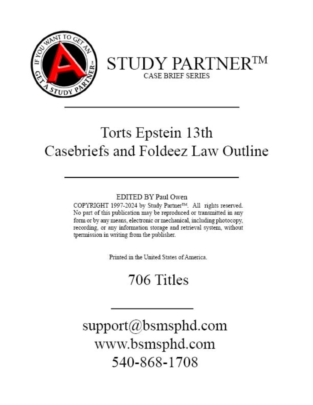 Casebriefs and Foldeez Law Outline for the casebook Cases and Materials on Torts: 13th Edition by Epstein ISBN 9798889060574, 9798889060567