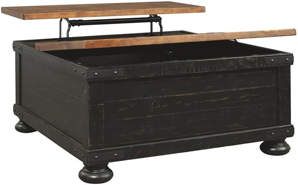 BOWERY HILL Lift Top Coffee Table, 36 in Square, Pine Wood and Veneers, Two-Tone Distressed Vintage Black Finish, Plank-Effect Style with Storage, Rustic Farmhouse Living Room Table