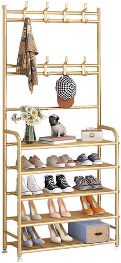 LITFAD Modern 5 Tier Shoe Rack with Coat Rack Entryway Standing Metal Coat Hat Rack,Stand Organizer for Living Room, Bedroom，23.5' L x 10.5' W x 67' H,Gold