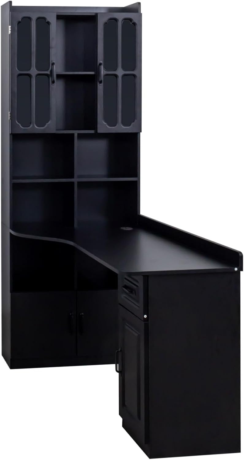KEIKI Home Office Desks with Hutch, Drawers, Bookshelf, Storage Cabinet & Glass Doors, Modern Wooden Computer Corner Table for Work, Study, Writing