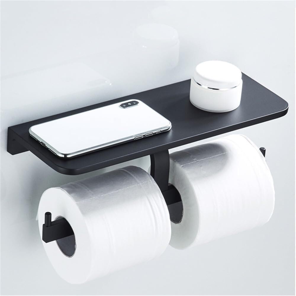 Soap Dishes, Black Towel Rack Ring Hair Dryer Holder Mounted Toilet Paper Soap Basket(Dual Phone Rack)