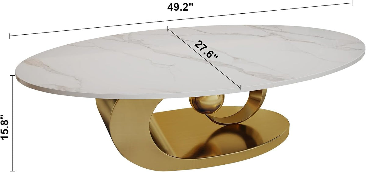 49.2' Oval Coffee Table, Modern Faux Marble Coffee Tables with Sculptural Sintered Stone Tabletop, Large Unique Tea Table with Stainless Steel Base for Living Room, Office, Bedroom, Gold+White