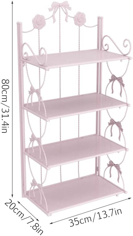BOOMALTU Cute 4-Tier Folding Metal Shelving Bathroom Shelf,Pink Shelves Pink Bookshelf with Bow and Flowers Decor for Storage and Display in Living Room, Bathroom, Office, Kitchen