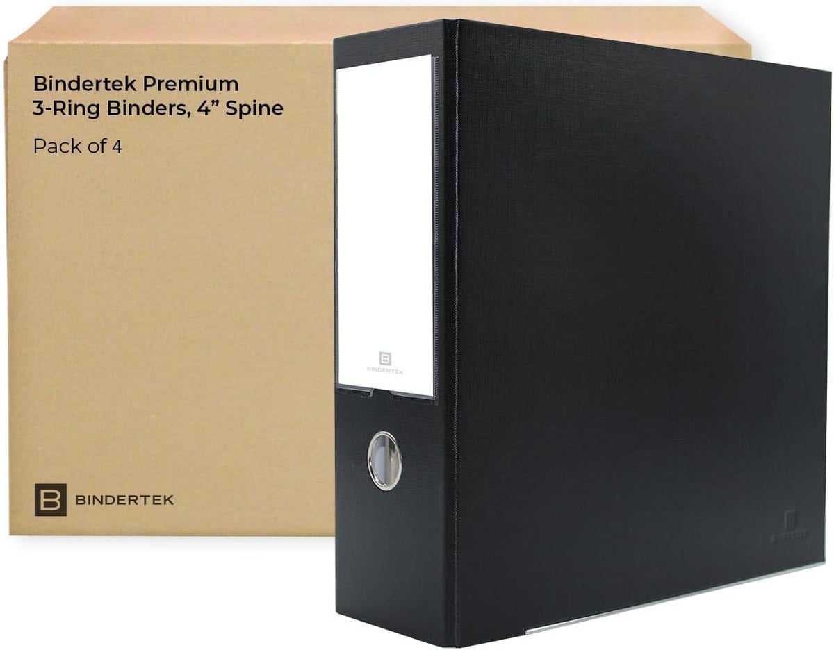 Bindertek 3-Ring Premium High-Capacity Binder, Pack of 4 - Black, 4' Spine Width, 650 Sheet Capacity, 2.5' D-Rings, Linen-Textured Covers, Steel Reinforced Edges, Spine Label Included