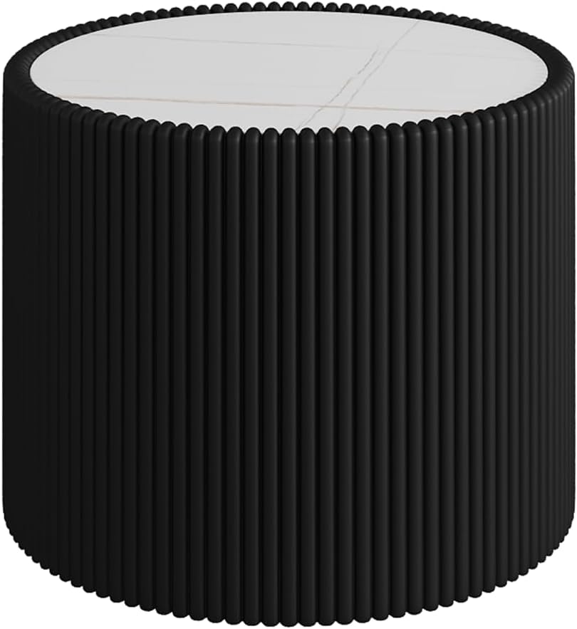 GDFStudio Modern Round Coffee Table, Luxury Sintered Stone Top Circle Side Table with PU Leather Drum Base, Creative Shape End Tables for Living Room Bedroom Tea Tables, Fully Assembled, Black-Small