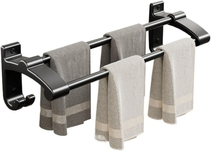 Bathroom Shower Organizer Bath Towel Bar, Thicken Aluminum Towel Hanger with 2 Towel Rods and 2 Hooks, Wall Mounted Towel Rack Hanger No Drilling Towel Bar, 3 Colors Bathroom Shelves(Black,80cm)