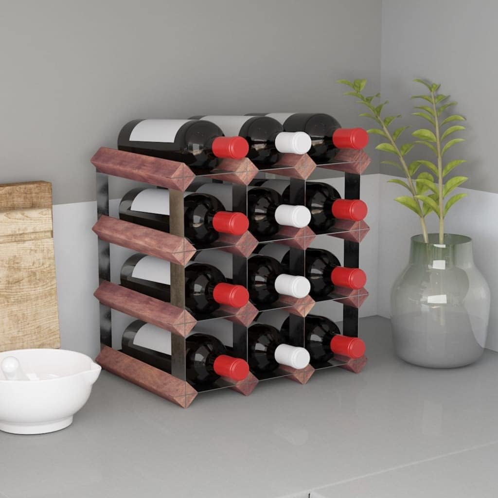 12-Bottle Wine Rack Countertop Small Solid Pine Wood & Galvanized Steel Rustic Display Shelf for Kitchen, Bar, Liquor Cabinet - Brown, Wall-Mounted Design with Mounting Hardware