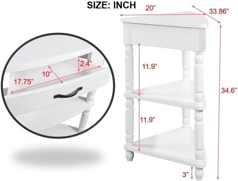 33.8'' Small Triangle Corner Table, Wood Corner Side Table for Small Spaces/Living Room, 3 Tier End Corner Table with Solid Wood Legs (Milk White, 33.8'')