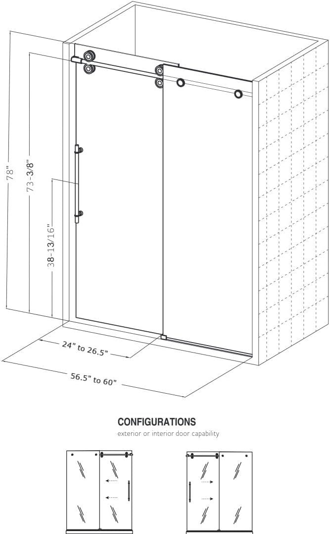 Montage 57.25-59' W x 78' H Euroglide Frameless Shower Door with 3/8' Clear Tempered Glass (Brushed Stainless)
