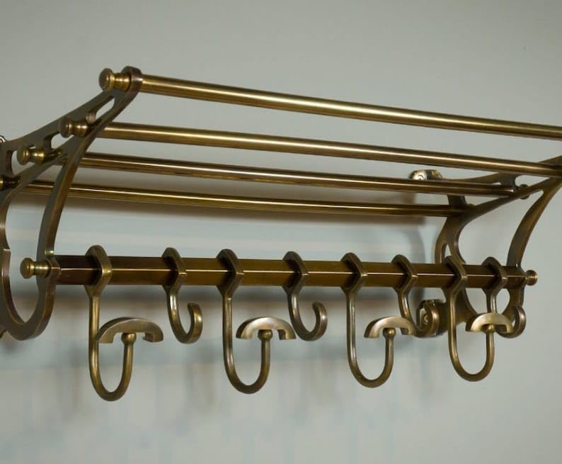 French Coat Rack Luggage Rack Wall Mounted Shelf Vintage Luxury Home Decor- Antique Brass Finish with 8 hooks