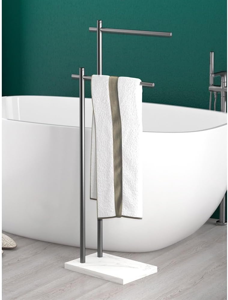 Towel Rail Freestanding Bathroom Towel Rack Floor-Standing Towel Rack Light Luxury Creative Marble Bathtub Bathroom Storage Towel Bar Towel Stand(Black+White)