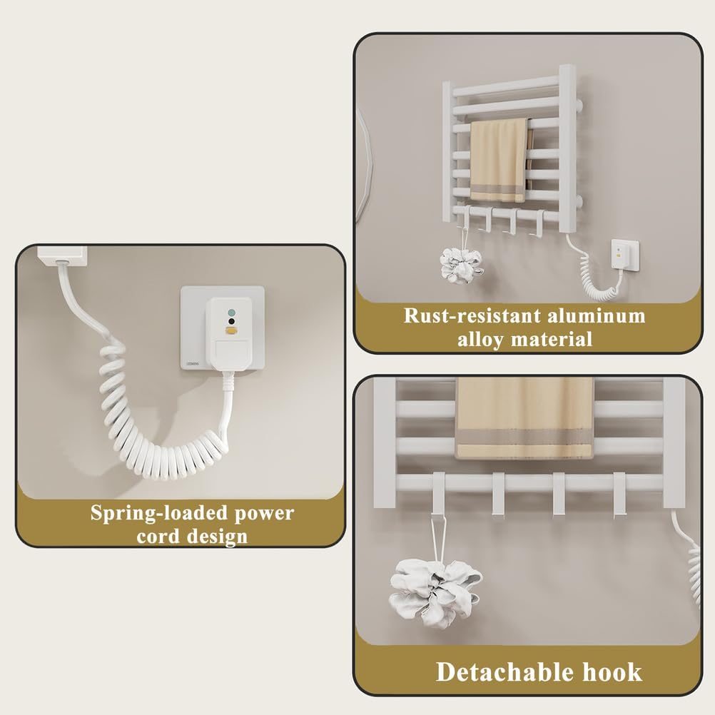 Heated Towel Rack Wall Mounted, Towel Warmers for Bathroom, 7 Bar Towel Warmer Rack with Hook, Plug in Heater, Electric Hot Towel Dryer, Rapid Heating,Multifunctional,White