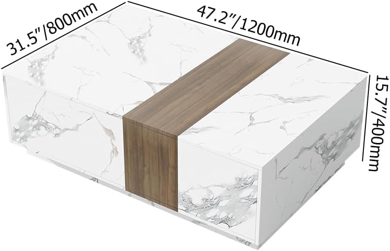 homary Marble & Walnut Coffee Table – Modern Block Design Living Room Center Table with 2 Storage Drawers, White Marble Veneer & Walnut Wood Veneer, Sturdy Base & Smooth Quiet Rails (White)