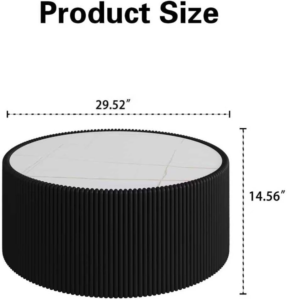 GDFStudio Modern Round Coffee Table, Luxury Sintered Stone Top Circle Coffee Table with PU Leather Drum Base, Creative Shape Small Tables for Living Room Side Tables, Fully Assembled, Black-Large