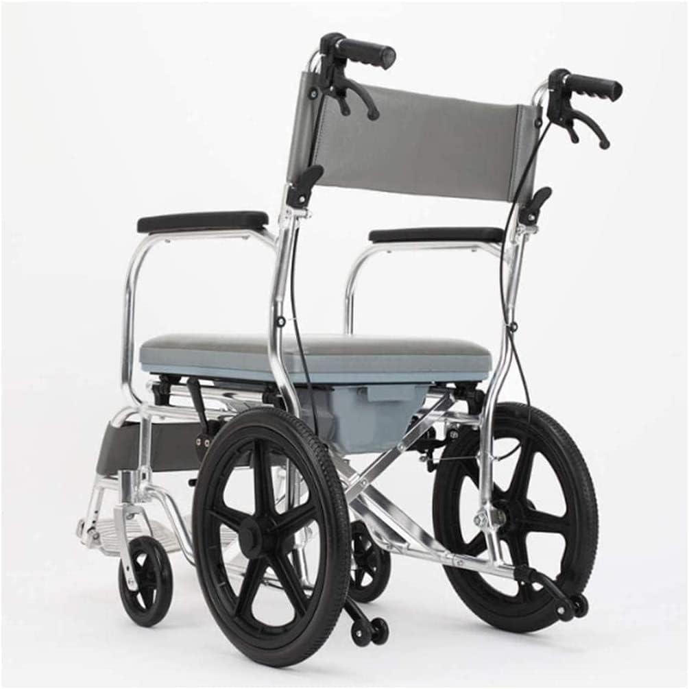 Lightweight Wheelchair Lightweight Folding Wheelchair Portable Medical Transport Wheelchair Toilet Chair w/Handbrakes and Bedpan for Elderly Seniors and Disabled Users Mobility Aids