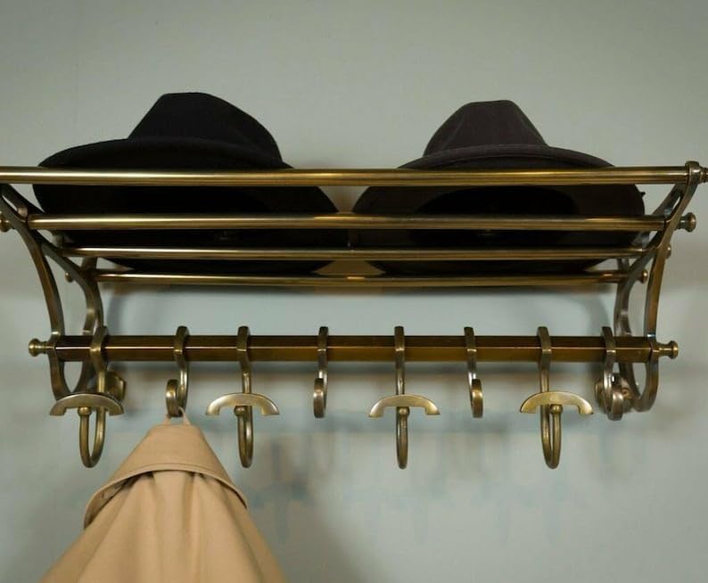 French Coat Rack Luggage Rack Wall Mounted Shelf Vintage Luxury Home Decor- Antique Brass Finish with 8 hooks