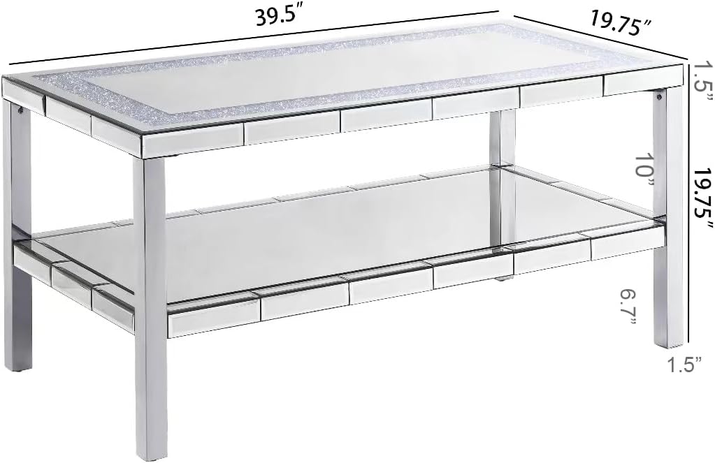 Modern Mirrored Coffee Table for Living Room Luxury Cocktail Center Table with Silver Mirror Finish Rectangular Coffee Table with Shining Crystal Inlay