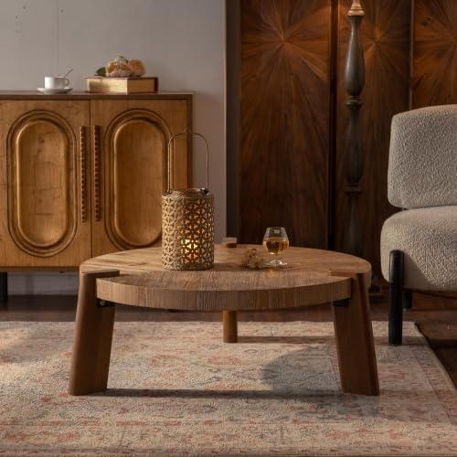 36.61'' Round Coffee Table Wood, Modern Unique Farmhouse Wooden Circle Coffee Table Contemporary Vintage Rustic Center Table Retro Tea Table for Living Room, Office, Apartment, Natural