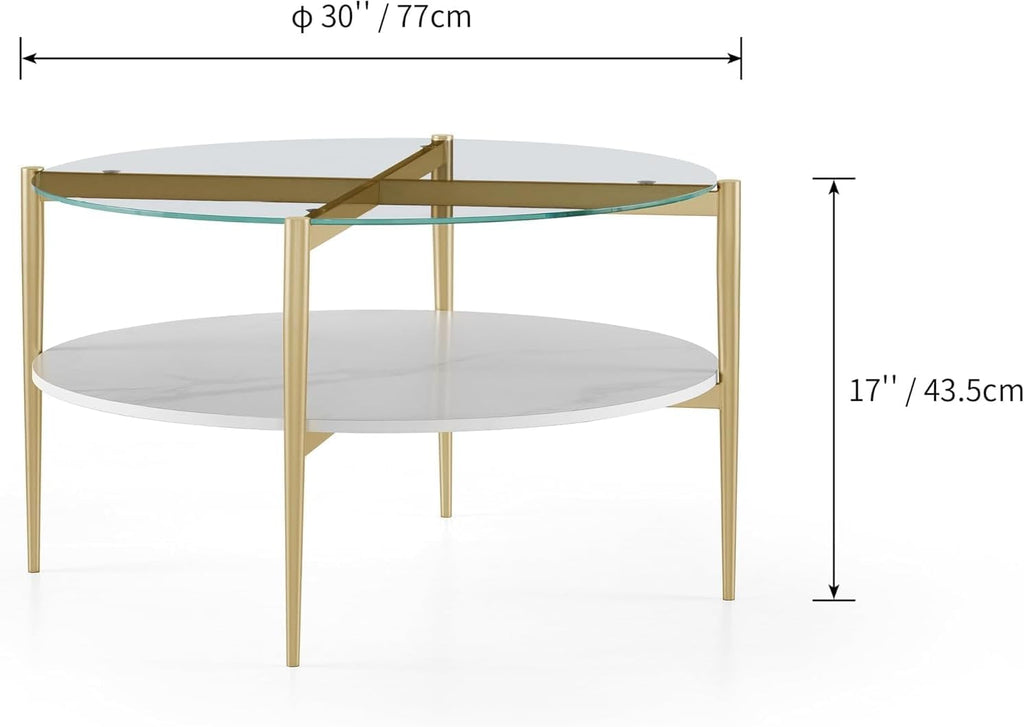 AGV LIGHTING 30' Round Glass Coffee Table,Mid-Century Modern Coffee Table for Living Room, Glod Finish Leg,2-Tier,Tempered Glass Top with White Marble MDF Shelf