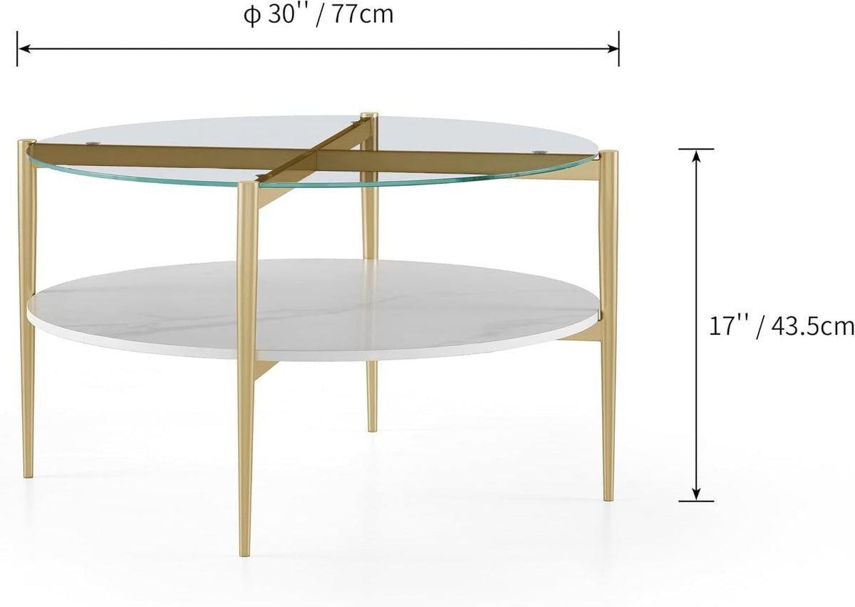 AGV LIGHTING 30' Round Glass Coffee Table,Mid-Century Modern Coffee Table for Living Room, Glod Finish Leg,2-Tier,Tempered Glass Top with White Marble MDF Shelf