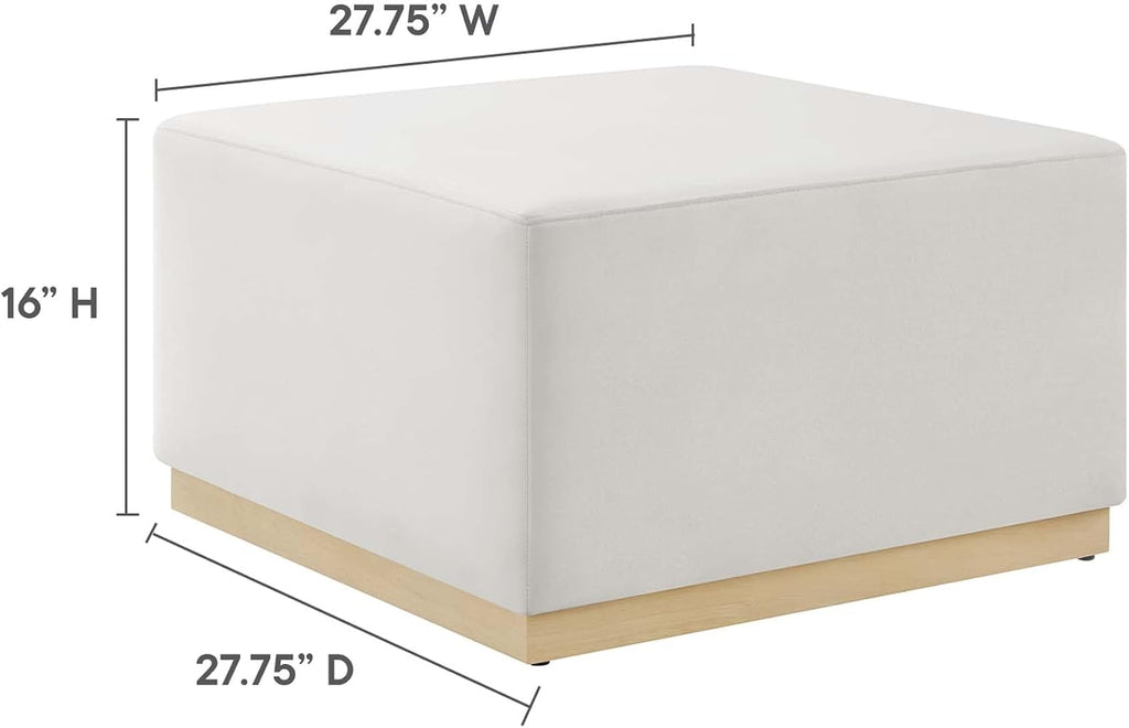 Modway Tilden 28 Inch Square Performance Velvet Upholstered Ottoman in Alabaster Natural - Large Ottoman Foot Rest with Rubberwood Plinth Base, Living Room Ottoman Coffee Table - Velvet Ottoman Table