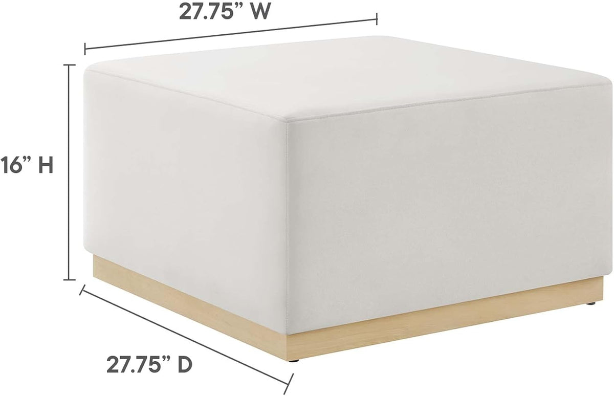 Modway Tilden 28 Inch Square Performance Velvet Upholstered Ottoman in Alabaster Natural - Large Ottoman Foot Rest with Rubberwood Plinth Base, Living Room Ottoman Coffee Table - Velvet Ottoman Table