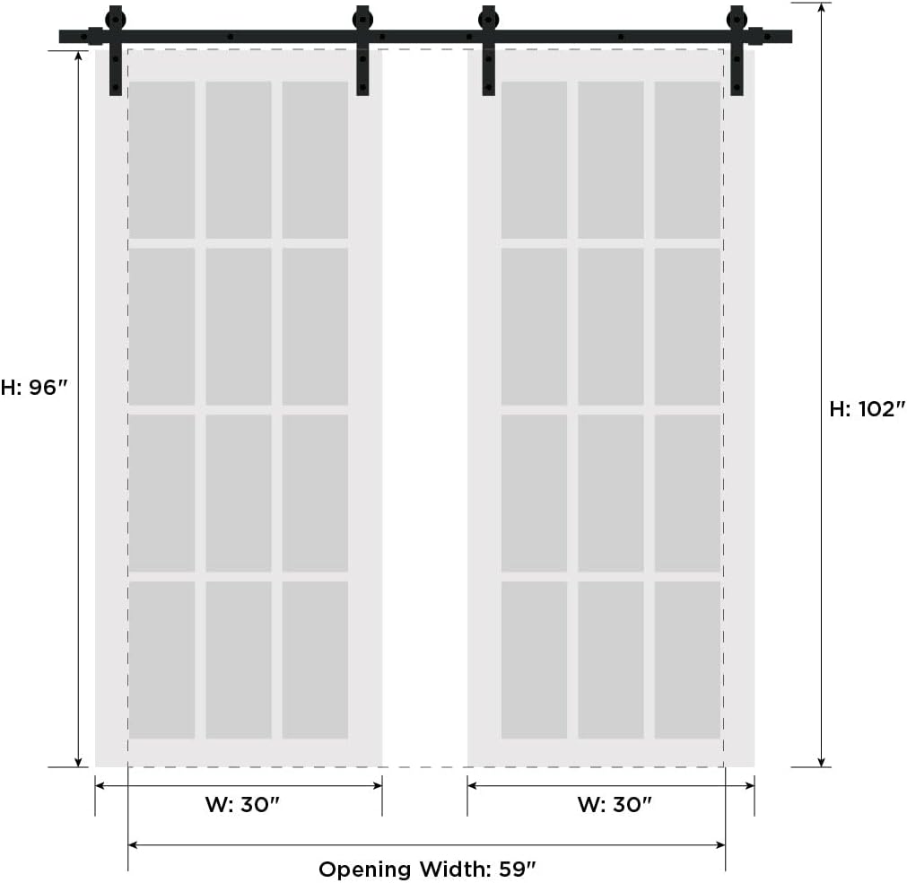 Sturdy Double Barn Door with Clear Glass | Lucia 2366 Matte Black | Stainless Steel 13FT Rail Hangers Heavy Set | Solid Panel Interior Doors-60' x 96' (2 * 30x96)-Silver Rail