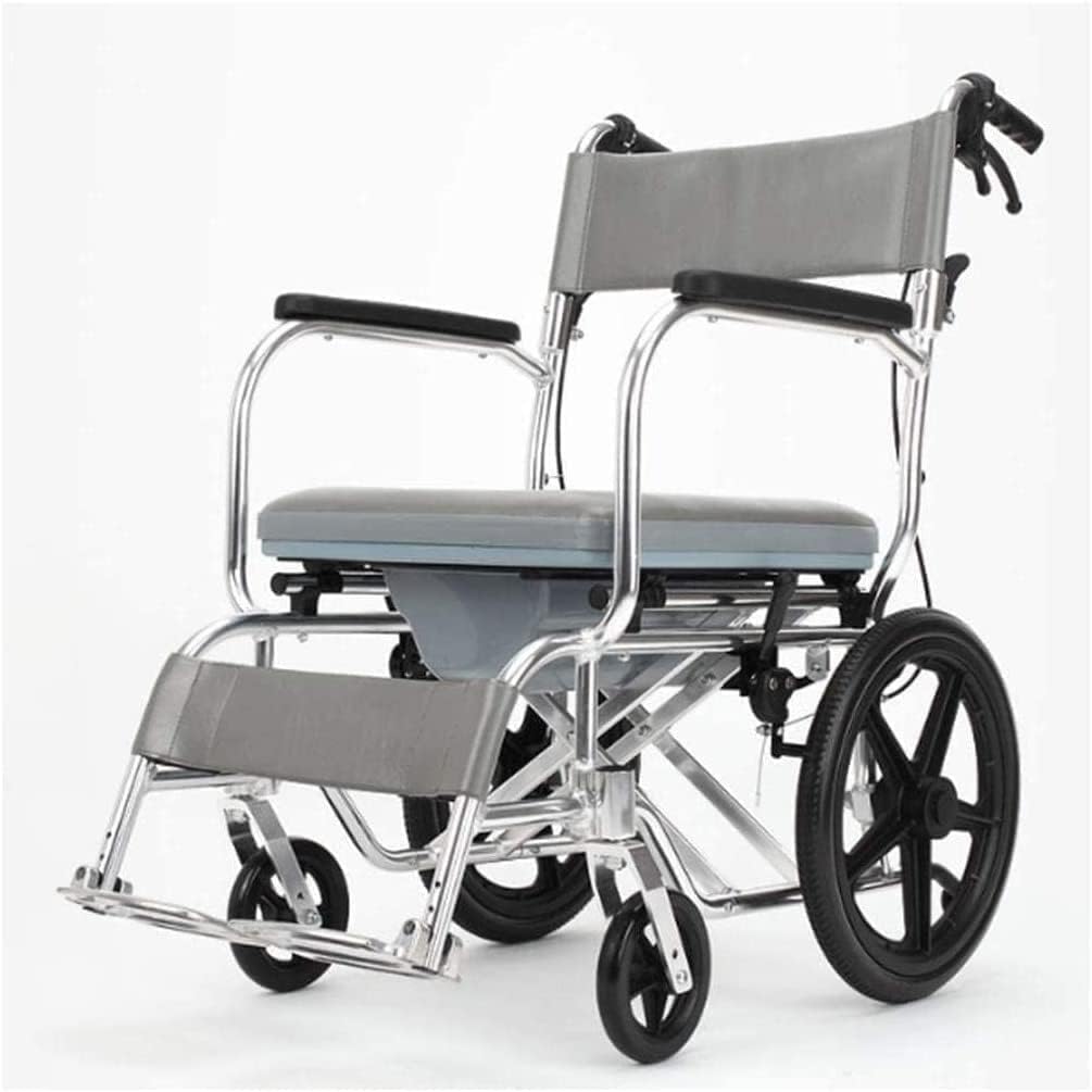 Lightweight Wheelchair Lightweight Folding Wheelchair Portable Medical Transport Wheelchair Toilet Chair w/Handbrakes and Bedpan for Elderly Seniors and Disabled Users Mobility Aids