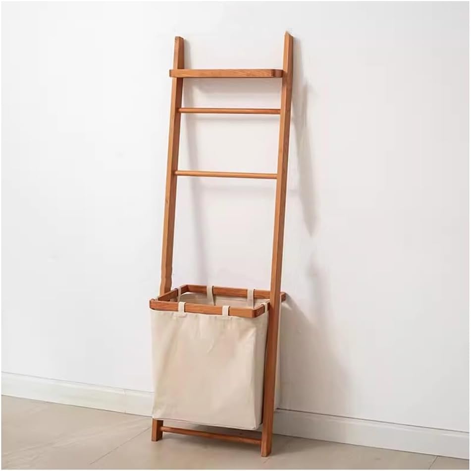 Wooden Bath Towel Ladder Rack, Dirty Clothes Basket Wall Leaning Blanket Throw Hanger Stand with Drying Bar Storage Holder And Hamper Basket for Bathroom Bedroom ( Color : Natural , Size : 44x27.5x133