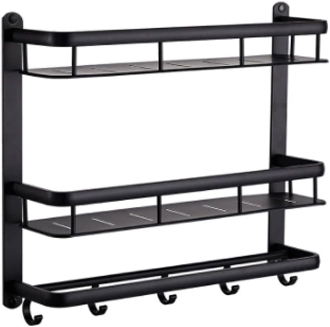 Bathroom Black Shelf Aluminum Shower Caddy Corner Shelves Bath Towel Rack Shampoo Holder with Towel Bar Hook Hair Dryer Holder