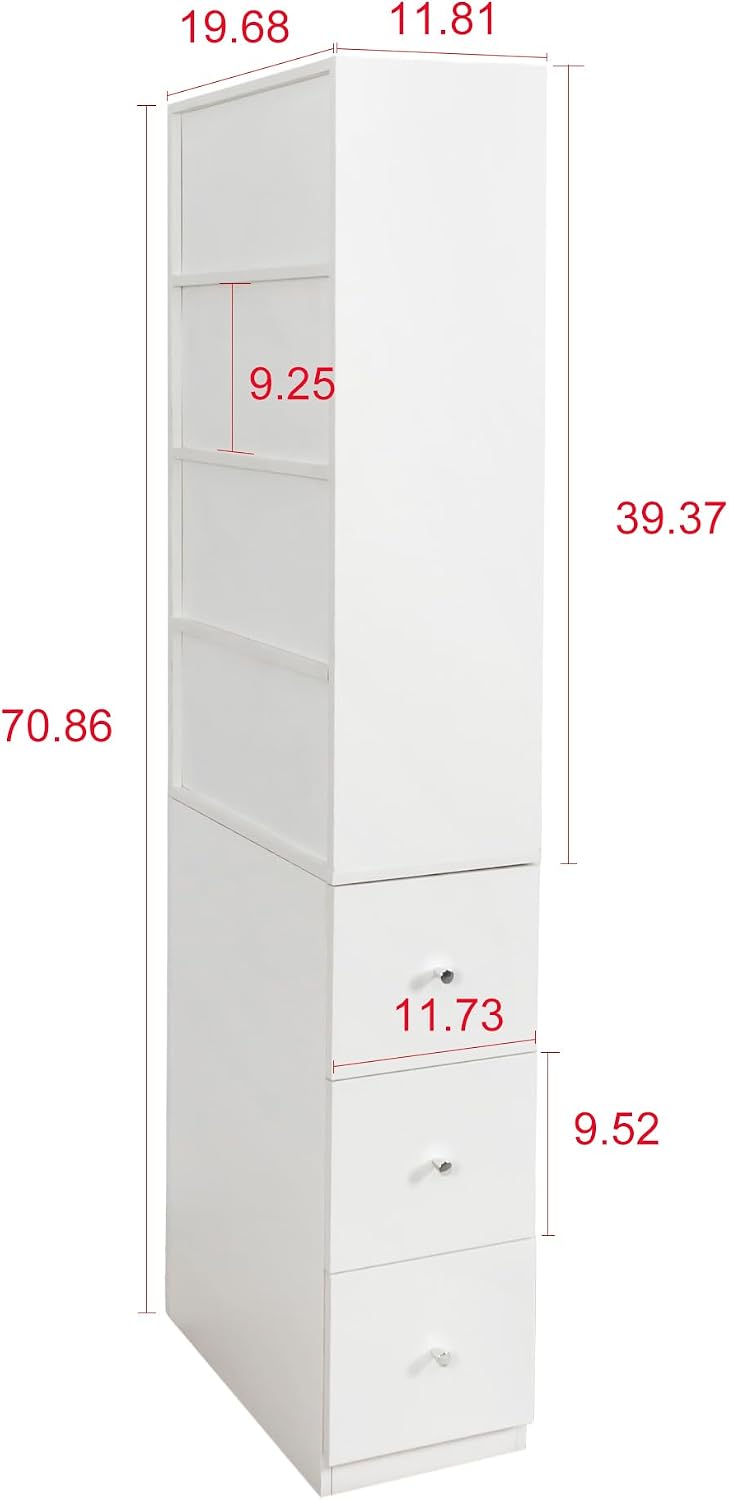70.87' H Display Storage Cabinet, Narrow Wooden Corner Cabinet with 4-Tier Shelves and 3 Side Drawers, Tall Bookshelf and Bookcase for Living Room Home Office, White