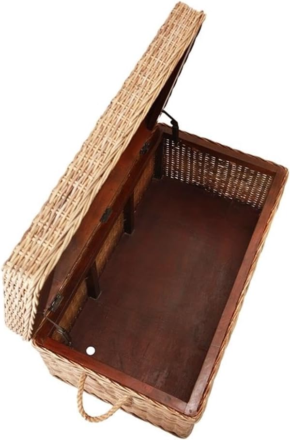 Pemberly Row Modern Kubu Wicker Rattan Storage Trunk, 37 in x 21.25 in x 19 in, Tan Finish, Handmade with Solid Mahogany Frame, Spacious Lift-Top Storage, Versatile Coffee Table for Living Room or