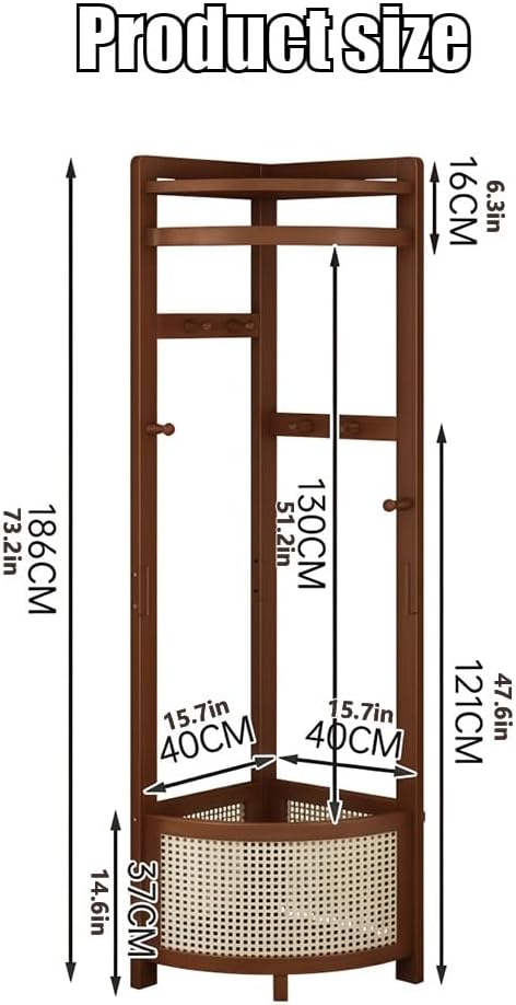 Corner Clothes Rack with Laundry Basket, Freestanding Coat Rack with Hooks, Wooden Corner Hall Tree with Storage Shelf for Bedroom, Entryway, Small Spaces(Natural)