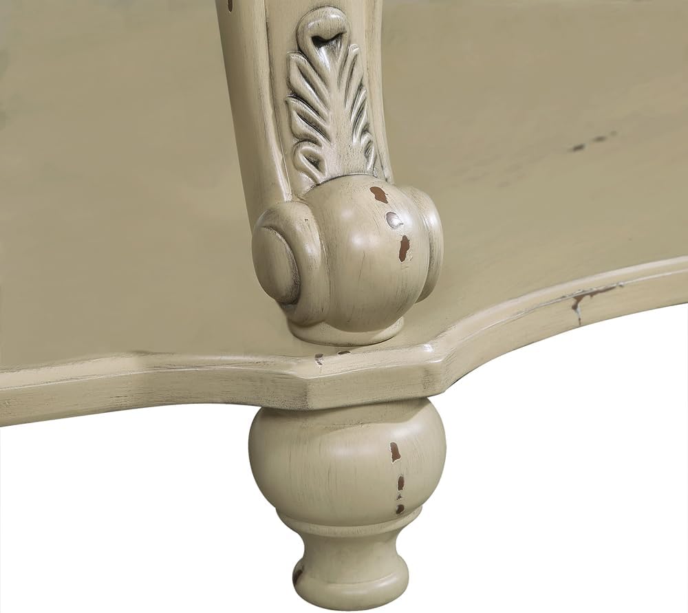Vintage Solid Wood Coffee Table, 42' Oval Cocktail Table with Storage Shelf, Center Table with Antique Wooden Legs and Elegant Carvings for Living Room, Easy Assembly (Antique White)