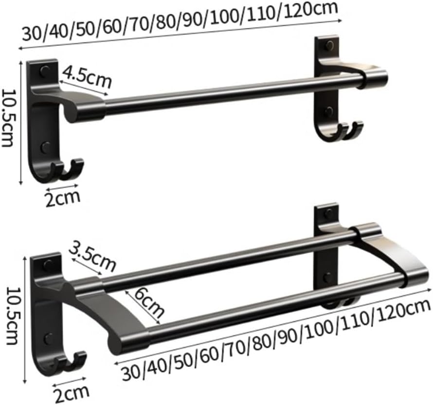 Bathroom Shower Organizer Bath Towel Bar, Thicken Aluminum Towel Hanger with 2 Towel Rods and 2 Hooks, Wall Mounted Towel Rack Hanger No Drilling Towel Bar, 3 Colors Bathroom Shelves(Black,80cm)
