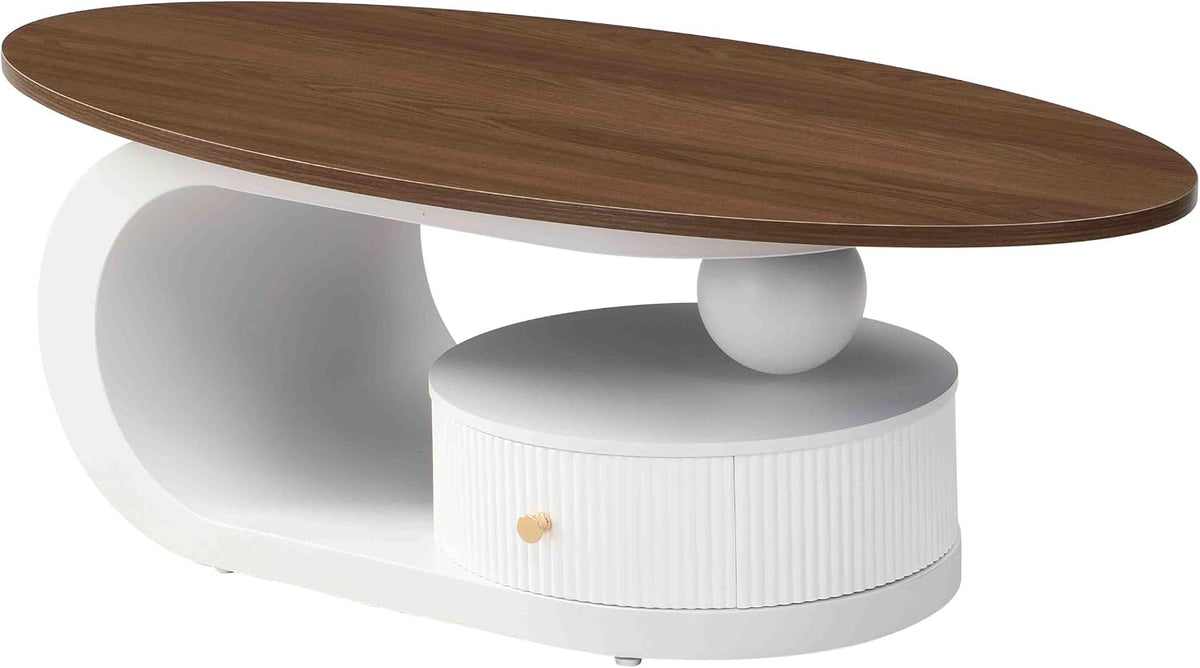 Modern Nesting Coffee Table Set of 2, 2-Piece Oval Decorative Living Room Table Set with Brown Wooden Top and White Metal Base and 1 Drawer, Oval Coffee Table and Round End Table Set