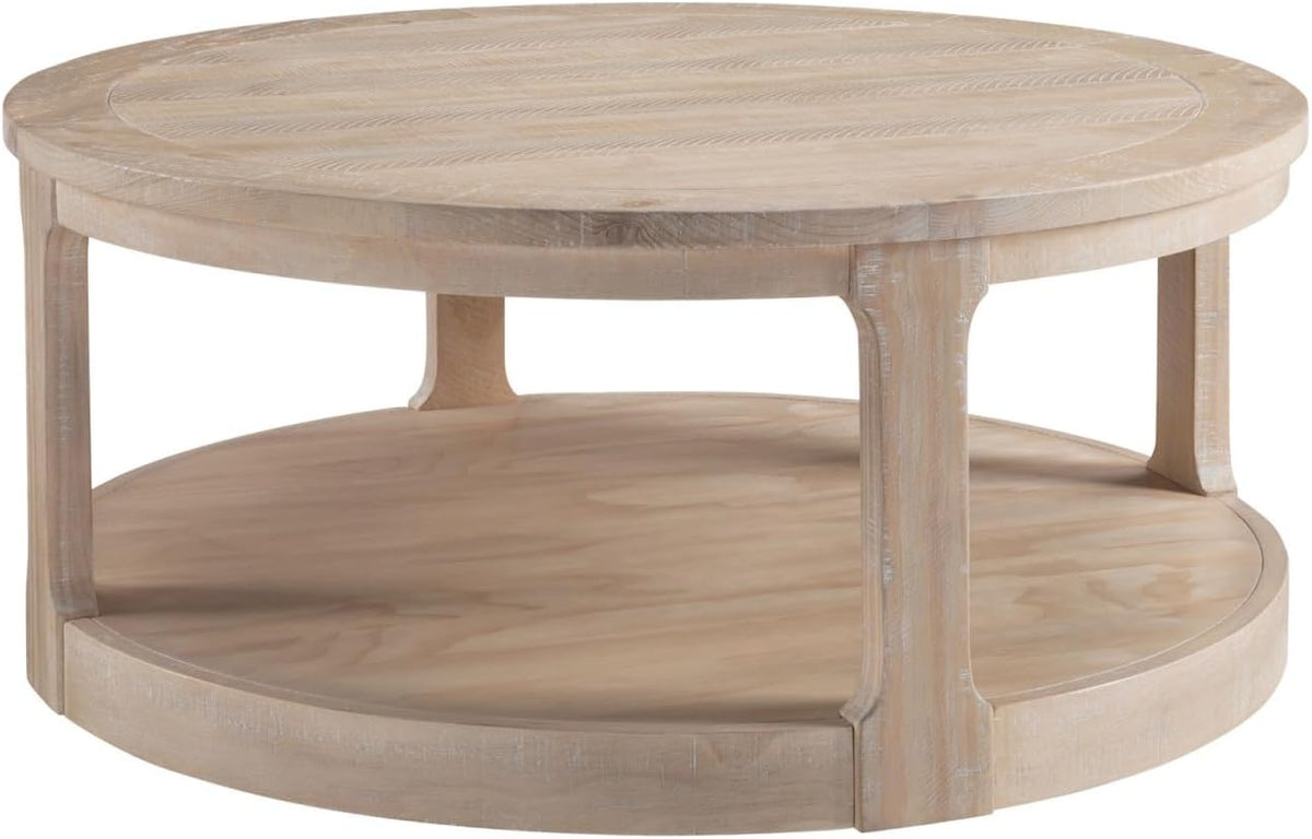 LKTART 40 Inch Round Coffee Tables for Living Room, Wood 2 Tier Circle Coffee Table with Wheels, Mid Century Large Center Table for Office, Apartment,Oak