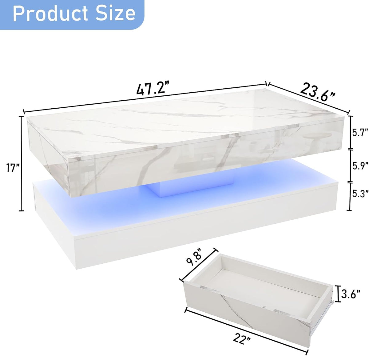 chartustriable 47.2' Large High-Glossy LED Coffee Table with 2 Sliding Drawers, Living Room Storage Coffee Tables with Marbling Print, Modern Stylish Double-Layer Center Tables w/LED Lights, White